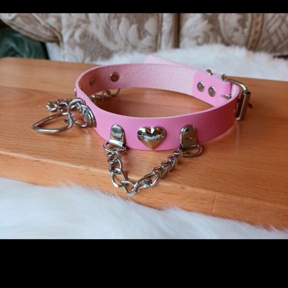 Pink Silver Heart Shaped Choker Necklace, PINK Silver Heart Pendant Choker - Picture 6 of 12